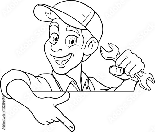 A mechanic or plumber handyman cartoon mascot man holding a wrench or spanner peeking around a sign and pointing at it