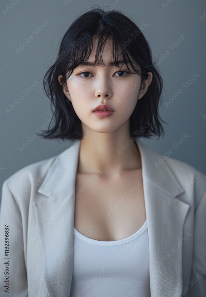 Fototapeta premium Portrait of a beautiful asian korean woman with a short hair in a grey suit. fashion model