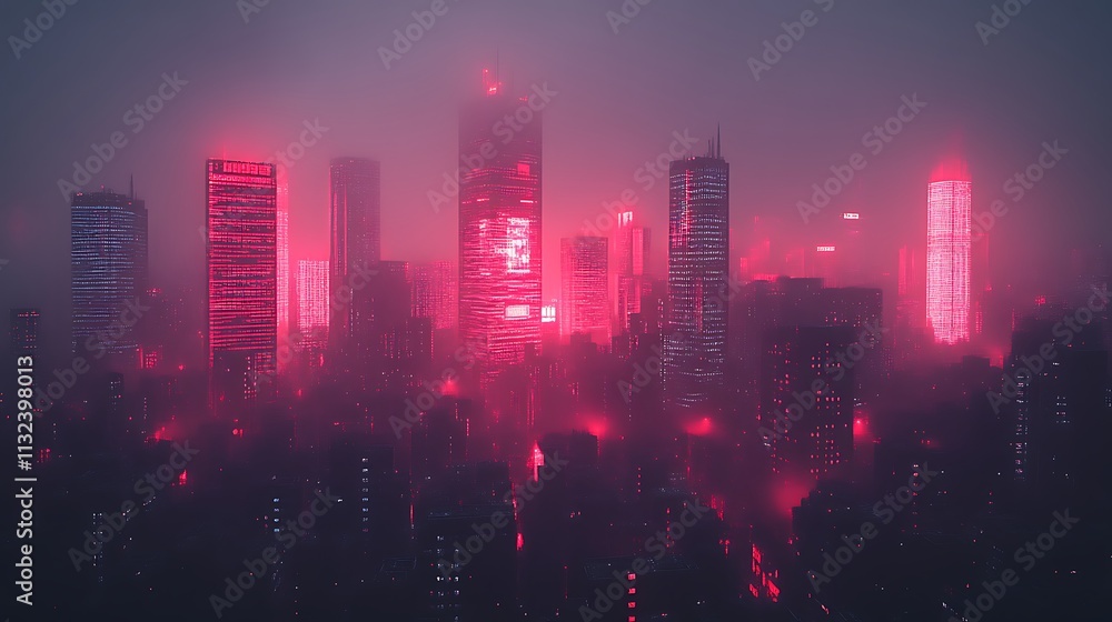 Fototapeta premium Futuristic city skyline shrouded in pink fog at night.
