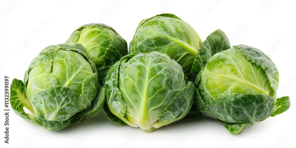 Fototapeta premium Fresh green Brussel sprouts displayed in isolation on a clean white background. These cabbage plants offer a top view, showcasing the vibrant green color and texture of the Brussel sprouts.