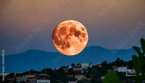 Stunning Red Full Moon Over Serene Landscape A Captivating Night Sky Display Captured in , Showcasing the Beauty of Nature and Celestial Wonders for Skywatchers and Photography Enthusiasts. photo