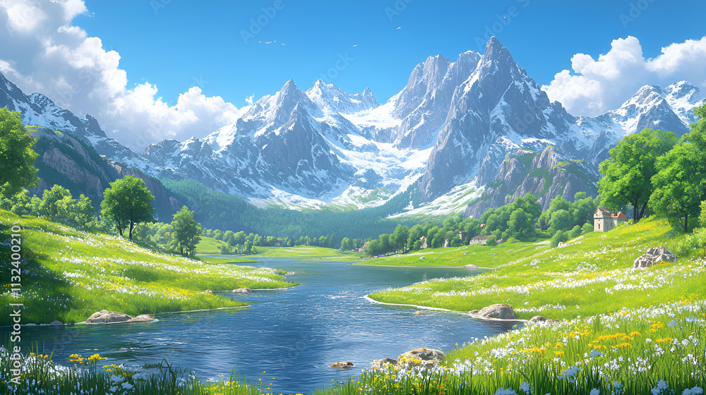 Fototapeta premium Serene Alpine Valley River Meadow Landscape