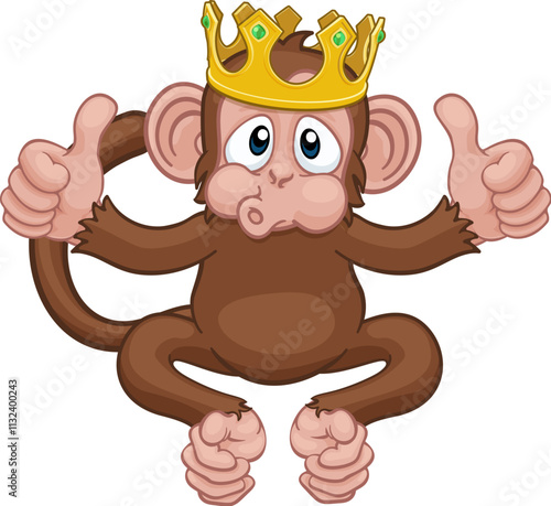 A monkey king cute happy cartoon character animal wearing a crown giving two thumbs up