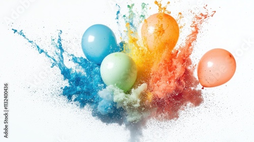 Colorful balloon burst event studio photography white background aerial view whimsical explosion of color photo