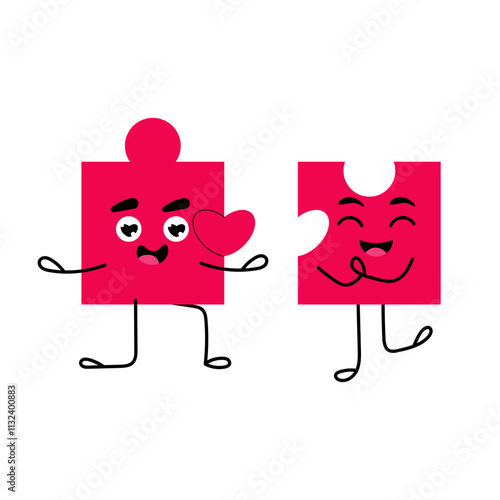 Puzzle. Cartoon character of puzzle with face. Emotions, love. Flat hand drawn illustration on white background.