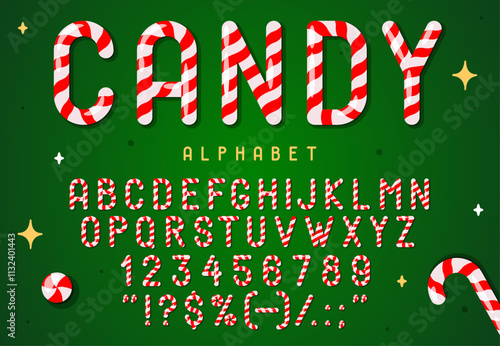 Candy cane font, Christmas lollipop typeface, xmas caramel type, holiday sweet alphabet with numbers and symbols. Vector festive sweet striped typeface letters, numerals and signs evokes New year joy