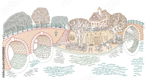River in the old medieval town. Colored doodle  sketch, Adults and children coloring book page