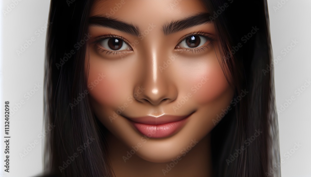 Obraz premium Close-Up Portrait of a Asian Young Woman with Long Black Hair and Warm Smile