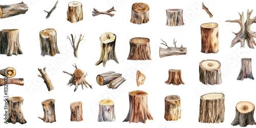 Watercolor vector illustration of wood, stump, and branch isolated on white background.