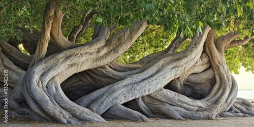 Intertwined trunks of sacred fig trees create a stunning natural display. These sacred fig trees symbolize strength and unity in nature s beauty, showcasing their remarkable intertwined trunks. photo