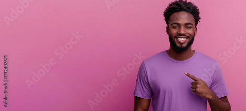 Smiling man in purple shirt pointing at himself against pink background Generative AI photo