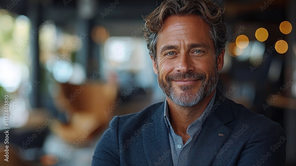 Obraz premium Smiling man with gray hair and beard wearing a casual shirt in a cozy indoor setting Generative AI