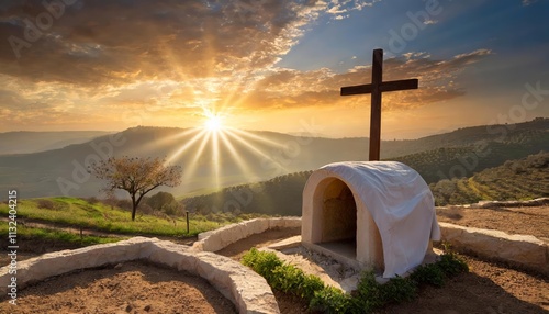 The Resurrection of Jesus Christ An Inspiring Scene of the Empty Tomb with Shroud and Crucifixion at Sunrise, Symbolizing Hope and Renewal for Humanitys Salvation photo