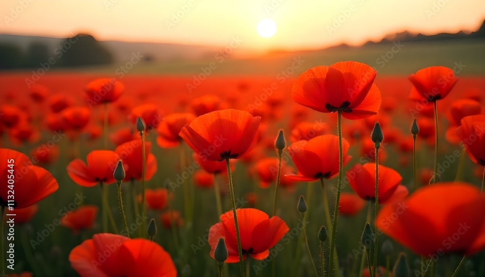 Fototapeta premium The image features a stunning field of bright red poppies in full bloom, creating a vibrant carpet of color that stretches across the landscape. The flowers are plentiful and varied in height 