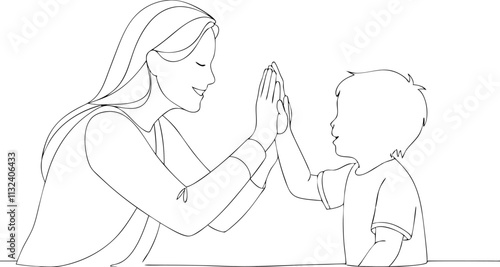 Mother high-fiving with her little son in continuous line art drawing style