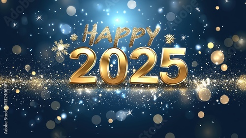 Happy New Year card design with golden text "2025" on a blue background with glitter, bokeh lights, and sparkles.