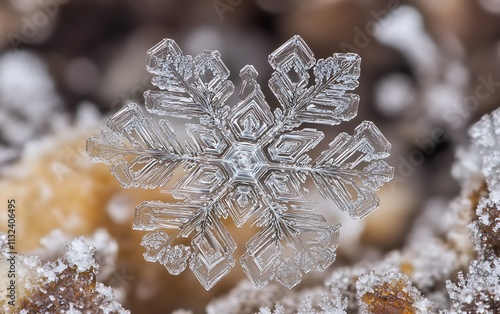 Intricate, six-pointed snowflake crystal macro photograph showing detailed ice structure.