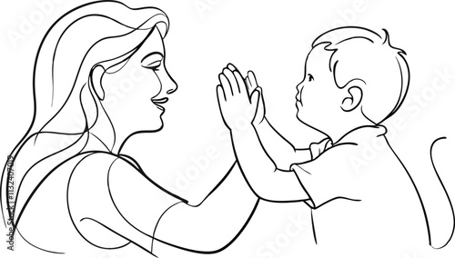 Mother high-fiving with her little son in continuous line art drawing style