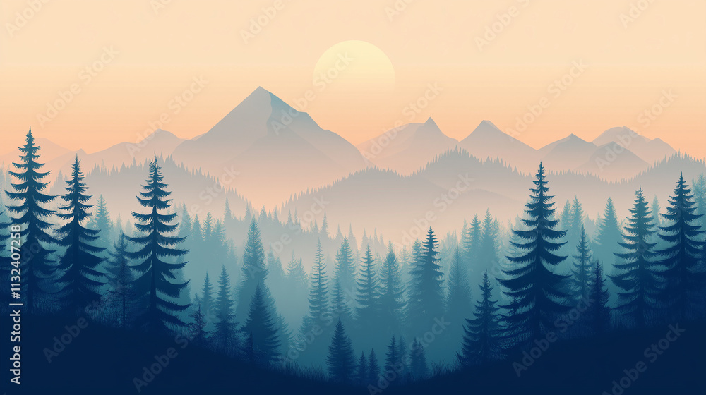 Fototapeta premium Misty landscape with fir forest in vintage retro style wallpaper, background