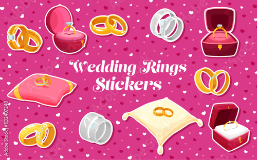 Cartoon marriage and wedding golden rings, engagement jewelry box case and pillows. Marriage ceremony stickers pack. Vector bridal Valentine day patches with gold rings on pink background with hearts