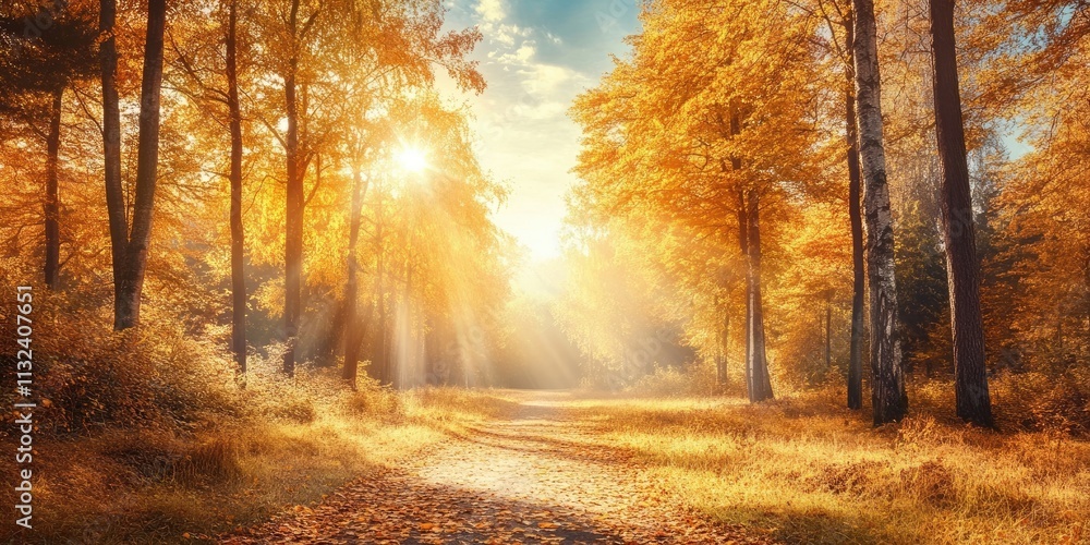 Obraz premium Stunning nature landscape showcasing golden trees under the sun during fall season, capturing the essence of beautiful nature. Experience the vibrant hues in this enchanting nature landscape.