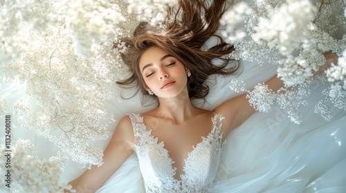 Young woman in a white wedding dress lying on a bed of white flowers