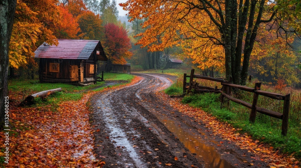 Fototapeta premium Autumnal Country Road with Cozy Cabin