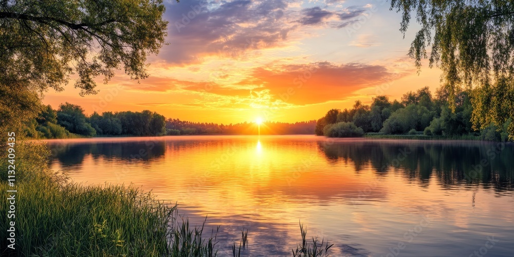 Obraz premium Scenic view of a stunning sunset over a tranquil lake, capturing the beauty of the sunset reflecting beautifully on the calm waters, showcasing the serene ambiance of the sunset over the lake.