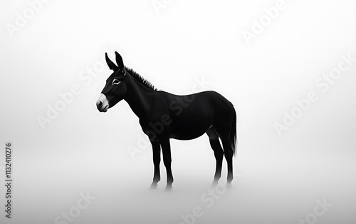 Black donkey standing in fog, monochrome. photo