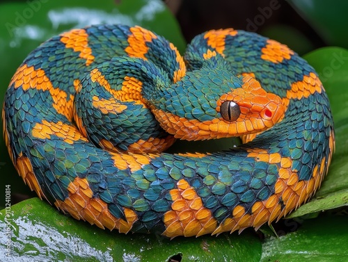 Coiled bush viper tropical plant nature photography lush environment close-up colorful snake display photo