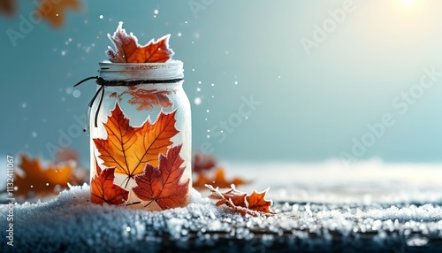 Glass jar with frozen autumn leaves, frosted and glowing, amid falling snowflakes. photo