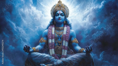 Vishnu is the god of Preservation, the great maintainer who often appears in various incarnations avatara to provide salvation for humanity Some of his best-known avatars who are tremendously pop. AI. photo