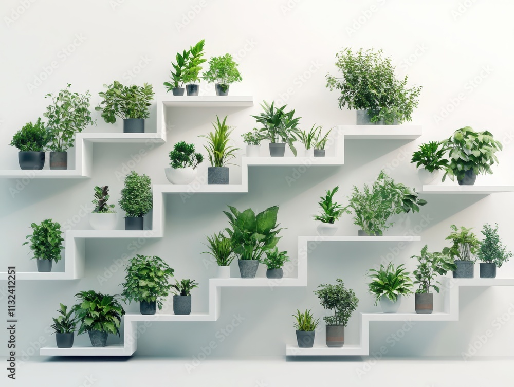 Fototapeta premium Enhance your indoor space aesthetic potted plants on shelves home photography minimalist serenity promoting indoor gardening and natural vibes