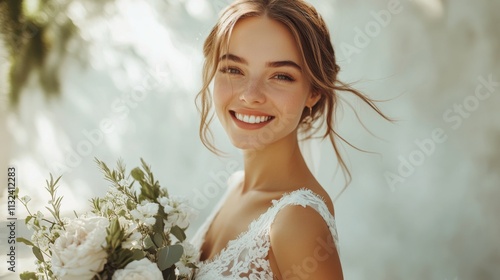 Joyful bride outdoors holding a bouquet of white flowers
