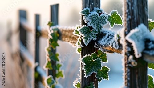 Snow-covered fence adorned with frozen ivy, set in a tranquil winter landscape. photo