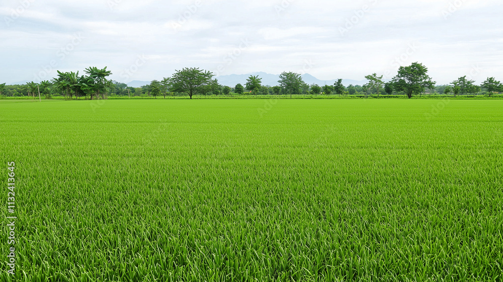Fototapeta premium Serene Rice Paddy Field under a Cloudy Sky 