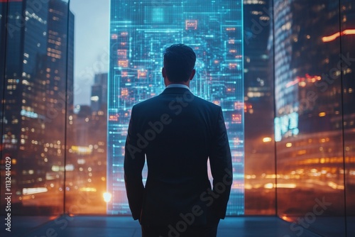 A man stands in front of a large screen displaying a complex web of numbers