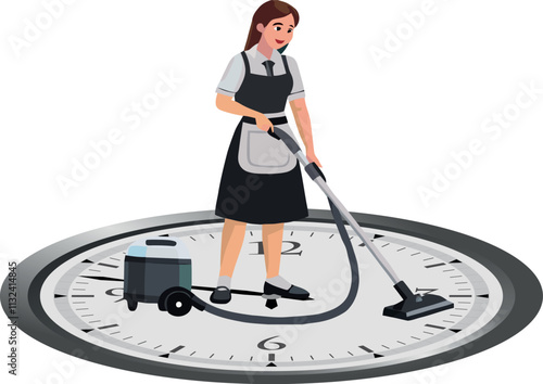 Housekeeper vacuuming clock face managing time efficiently