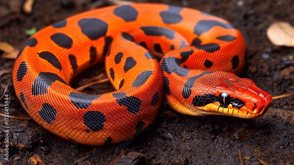 Fototapeta premium Ground-level view redtailed boa constrictor in tropical jungle environment