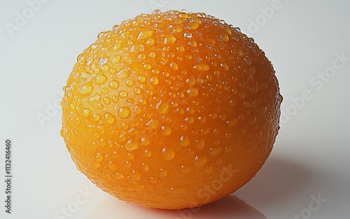 Close-up of a fresh orange covered in water droplets on a white background.