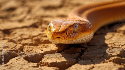 Taipan snake slithers across cracked soil in a smooth golden landscape photo