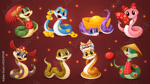 Cartoon snake characters, Chinese new lunar year 2025 reptile animals in traditional Asian attire, adorned with cultural symbols, such as fans, lanterns, coins and hats, conveying cultural richness