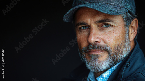 Captivating portrait of a man with a gray cap and striking blue eyes in an outdoor setting during twilight. Generative AI photo