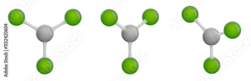 Molecule of Aluminium Chloride. Set of views. Molecular formula: AlCl3. Chemical model: Ball and Stick. Isolated. Transparent background. PNG transparent. 3D illustration. photo