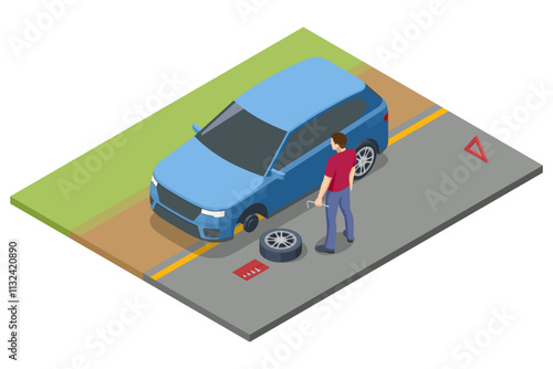 Isometric man replacing a tire on a car during a road trip due to a transportation-related breakdown. Wheels and tyre fitting service. Transportation, tire repair, computerized balancing collection.