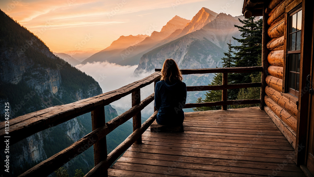 Fototapeta premium 暖かな夕日の光が広がる山の崖に座る女性が描く静かな旅の情景。生成AI