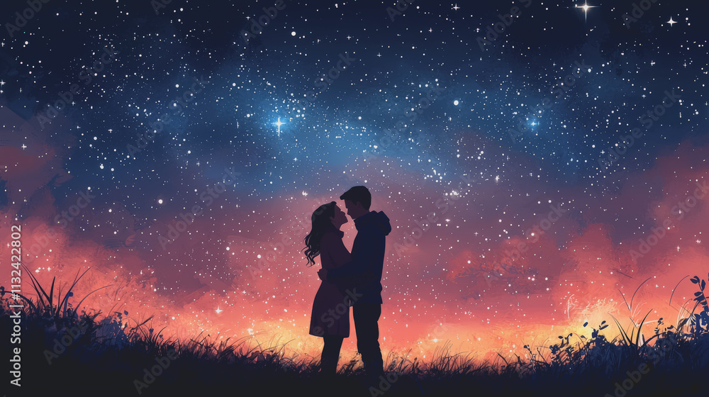 Romantic Couple Under a Starlit Sky Gazing at Stars in a Beautiful Grass Field Night Photography, Couple Love, Nature Serenity, Clear Sky, Outdoor Adventure, Dreamy Atmosphere Romantic Couple Under a Starlit Sky Gazing at Stars in a Beautiful Grass Field Night Photography, Couple Love, Nature Serenity, Clear Sky, Outdoor Adventure, Dreamy Atmosphere