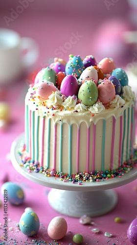 Delightful Easter Cake Decorated with Colorful Chocolate Eggs and Pastel Drizzles photo