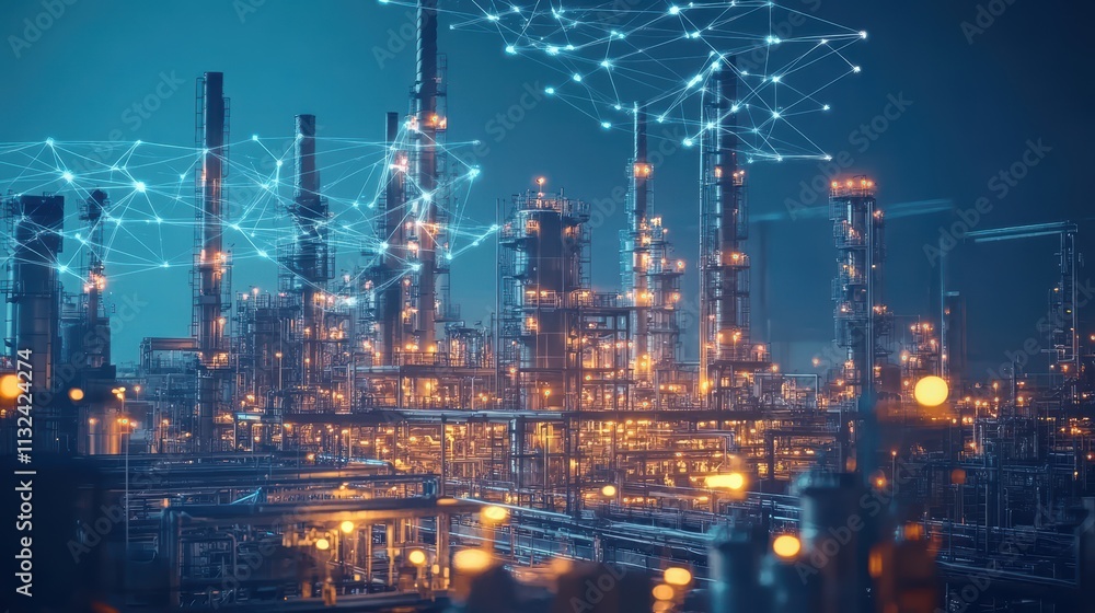 Fototapeta premium Modern factory, communication network. Telecommunication. IoT, Internet of Things, ICT, Information communication Technology,. Smart factory. Digital transformation, cloud connecting,