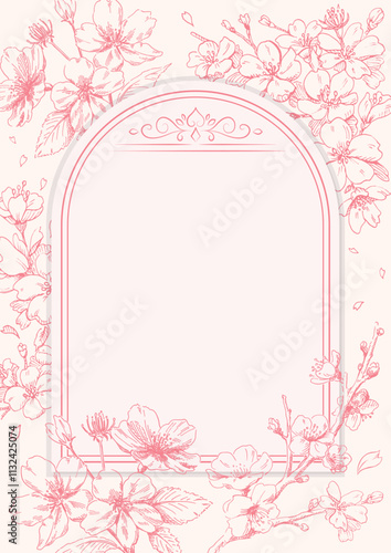 Obraz na płótnie 桜の線画で装飾したカードのテンプレート 春のデザイン素材 ピンクの線画と白色の背景 w salonie